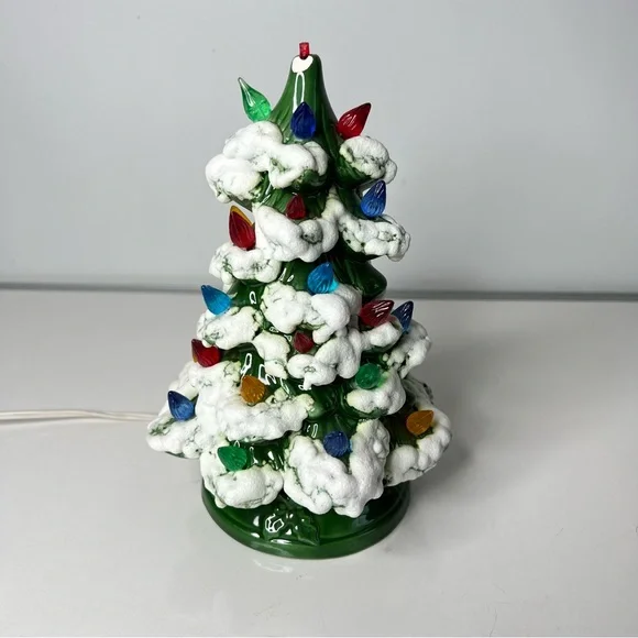 Vintage Ceramic Christmas Tree Snow Dated 1984 Green Multi Color 9” Tall